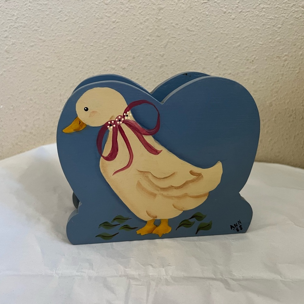 Vintage Hand Painted Wooden Duck Napkin Holder Folk Art Signed 1988